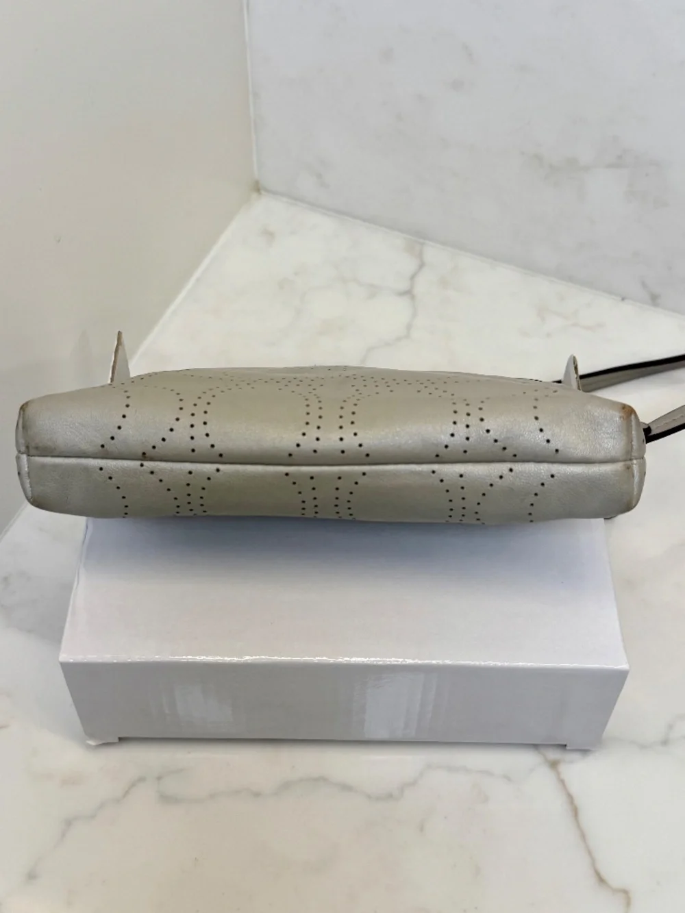 Coach Pearl Grey Perforated Logo Insignia Leather Wristlet F45561